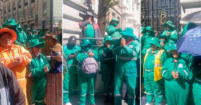 Trabajadores del servicio de aseo urbano de La Paz en estado de emergencia. (Imagen: captura de video/ Composición: En Conexión)