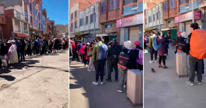 Ciudadanos bolivianos y extranjeros hacen fila para cruzar la frontera hacia Perú. (Imagen: captura de video/ Composición: En Conexión)
