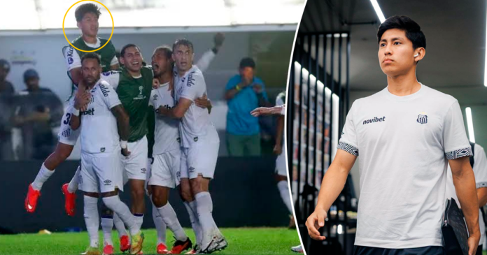 Miguelito festeja el gol del Santos ante Macará. (Imagen: Prensa Santos y RRSS/Composición: En Conexión)